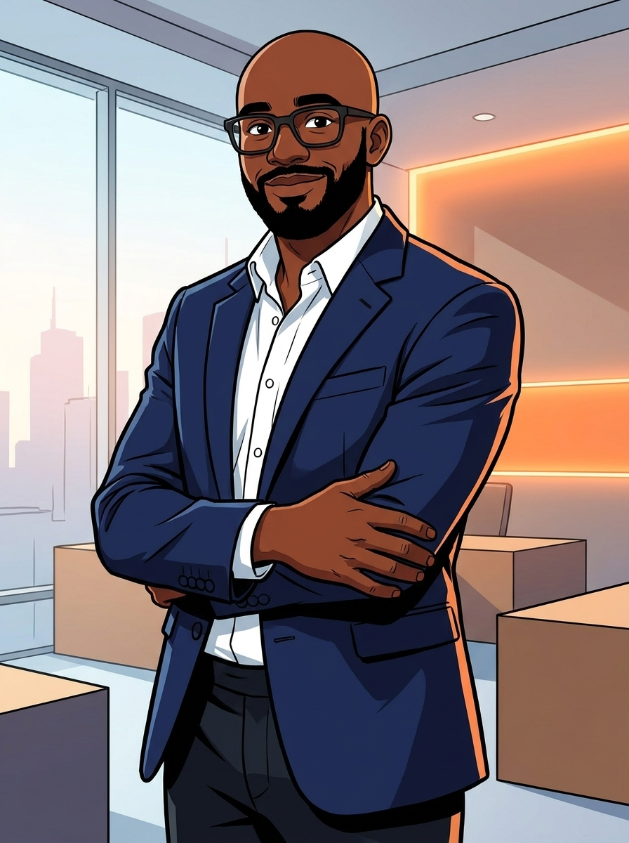 Illustrated portrait of Sean A. Russell in an executive look.
