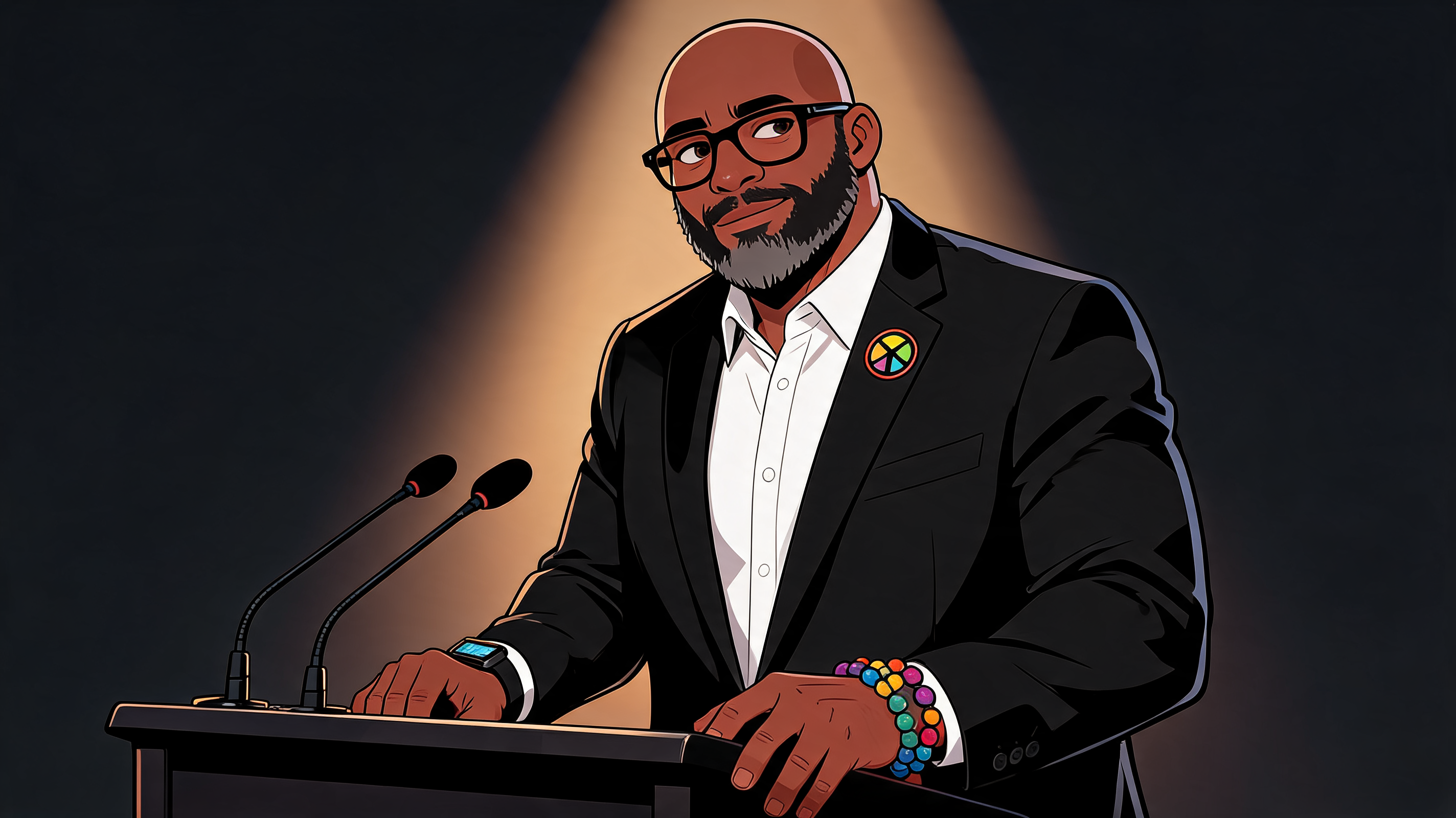Sean A. Russell at a press podium, suited, with microphones